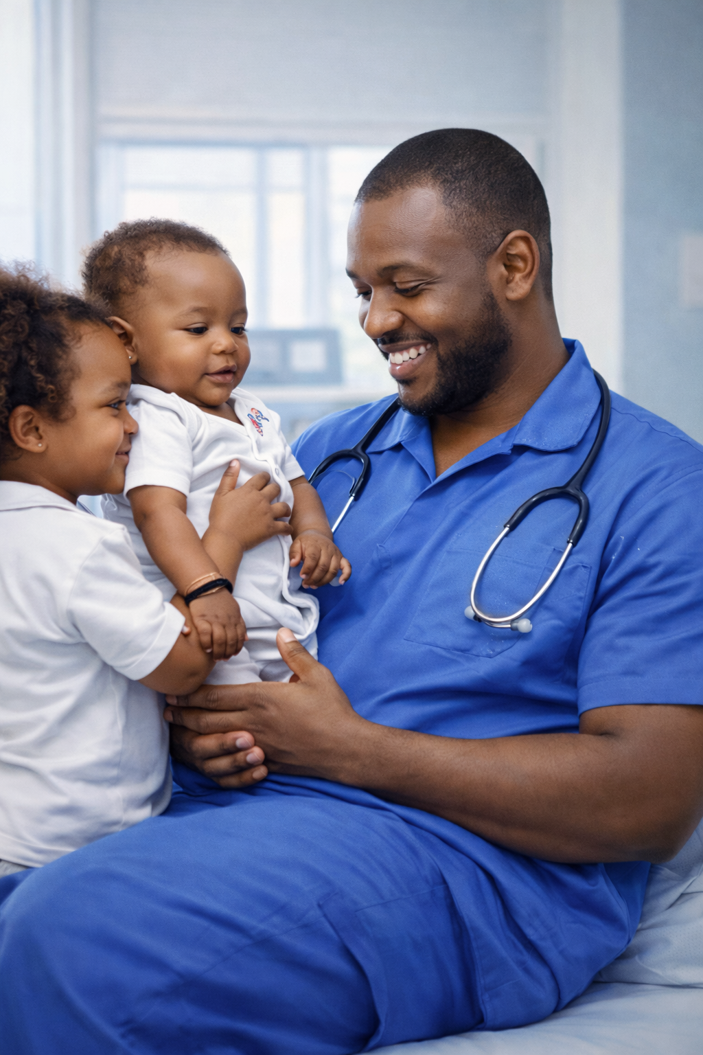 Doctor holding two babies